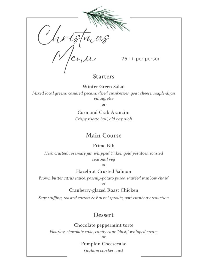 A christmas menu with all selections